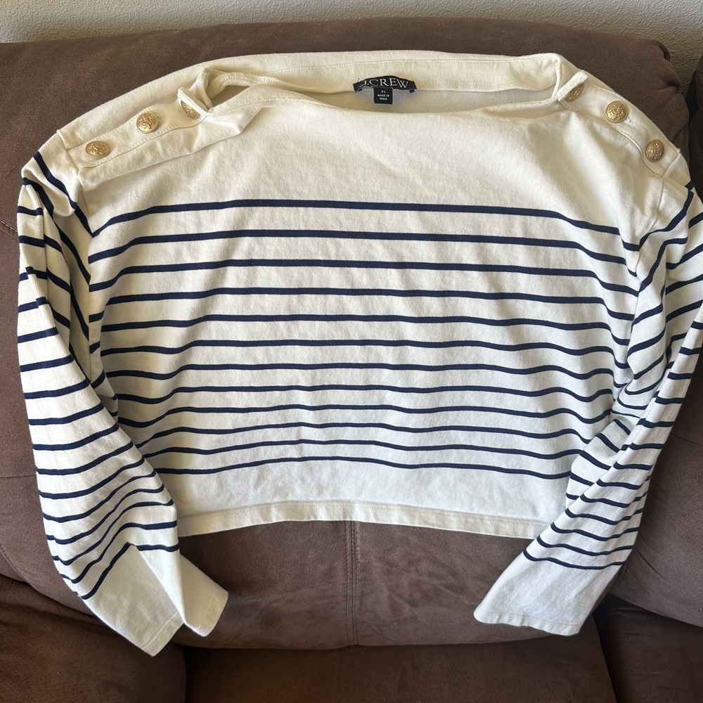 J. Crew Women’s Cream and Navy Striped Button-Shoulder Sweater